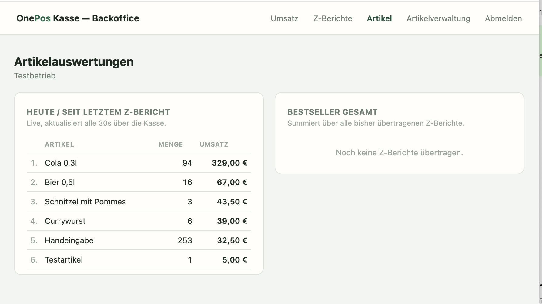 Cloud-Office Artikelauswertungen: Live-Topseller seit dem letzten Z-Bericht